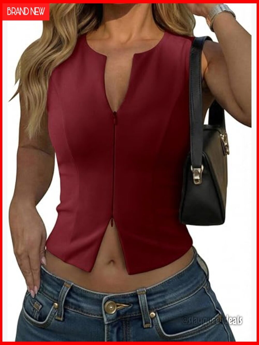 Slim Fit Crop Tank Top with Front Zipper, Sleeveless V-Neck for Summer
